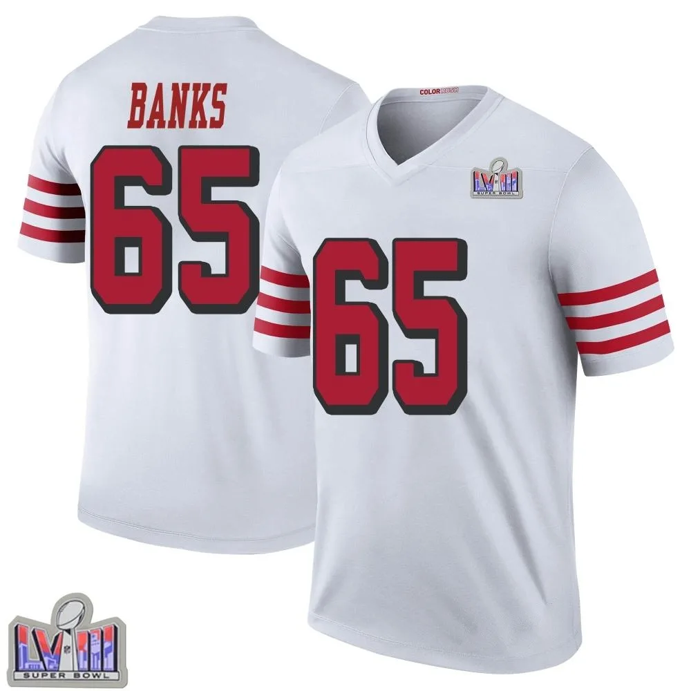 Men's San Francisco 49ers Aaron Banks Nike Color Rush Super Bowl LVIII Patch Legend White Jersey Men's San Francisco 49ers Aaron Banks Nike Color Rush Super Bowl LVIII Patch Legend White Jersey