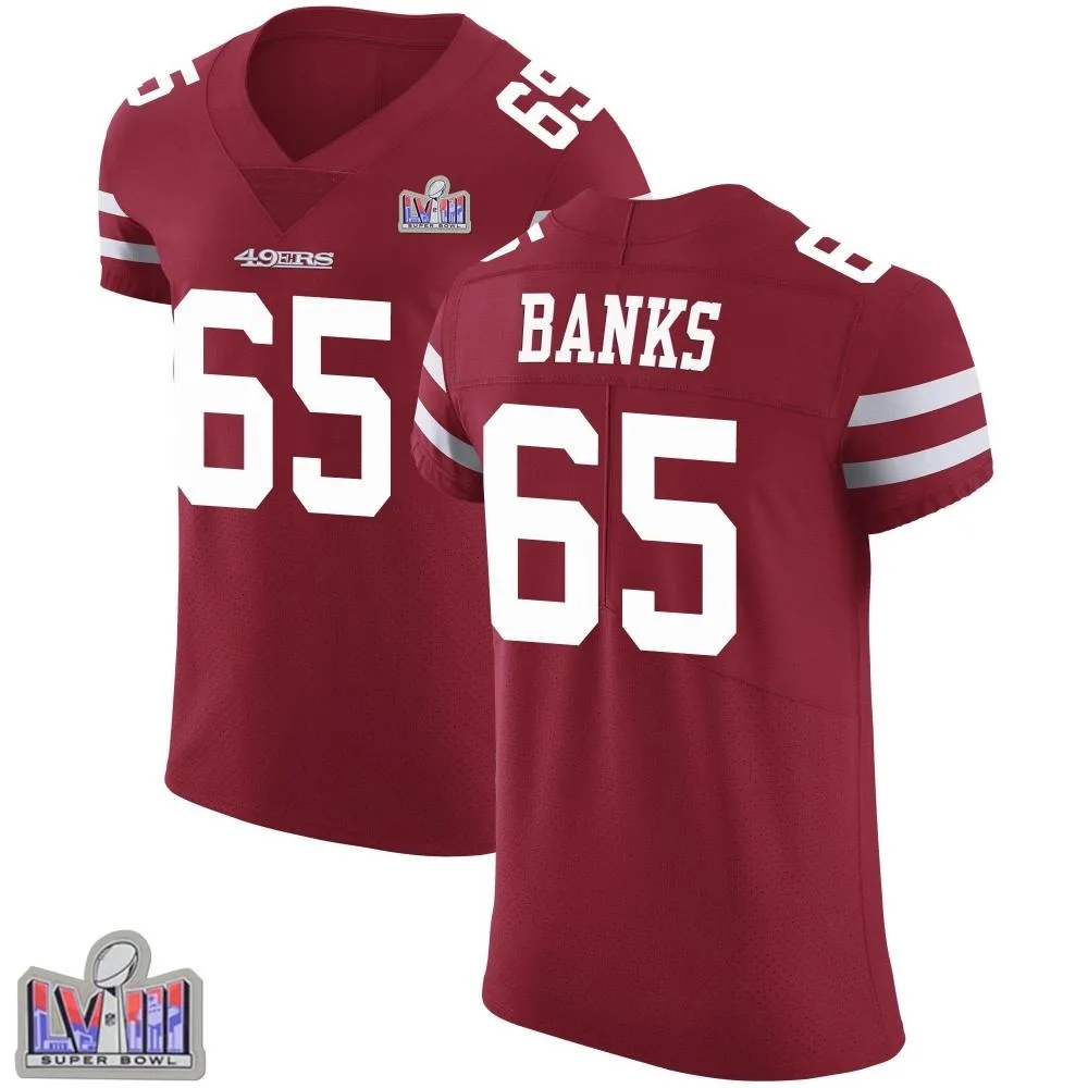 Men's San Francisco 49ers Aaron Banks Nike Team Color Vapor Untouchable Super Bowl LVIII Patch Elite Red Jersey Men's San Francisco 49ers Aaron Banks Nike Team Color Vapor Untouchable Super Bowl LVIII Patch Elite Red Jersey