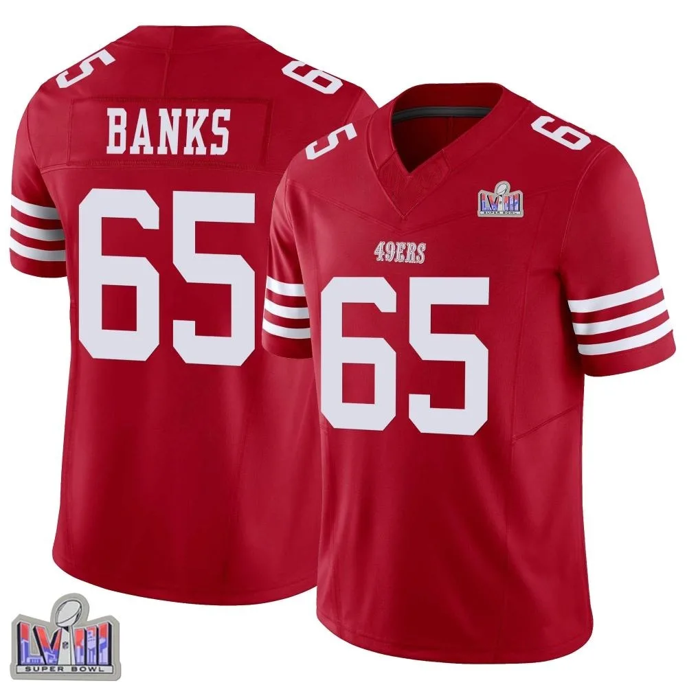 Men's San Francisco 49ers Aaron Banks Nike Vapor F.U.S.E. Super Bowl LVIII Patch Limited Scarlet Jersey Men's San Francisco 49ers Aaron Banks Nike Vapor F.U.S.E. Super Bowl LVIII Patch Limited Scarlet Jersey