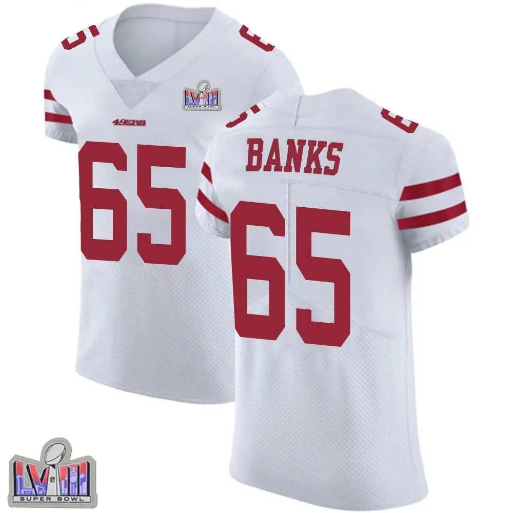 Men's San Francisco 49ers Aaron Banks Nike Vapor Untouchable Super Bowl LVIII Patch Elite White Jersey Men's San Francisco 49ers Aaron Banks Nike Vapor Untouchable Super Bowl LVIII Patch Elite White Jersey
