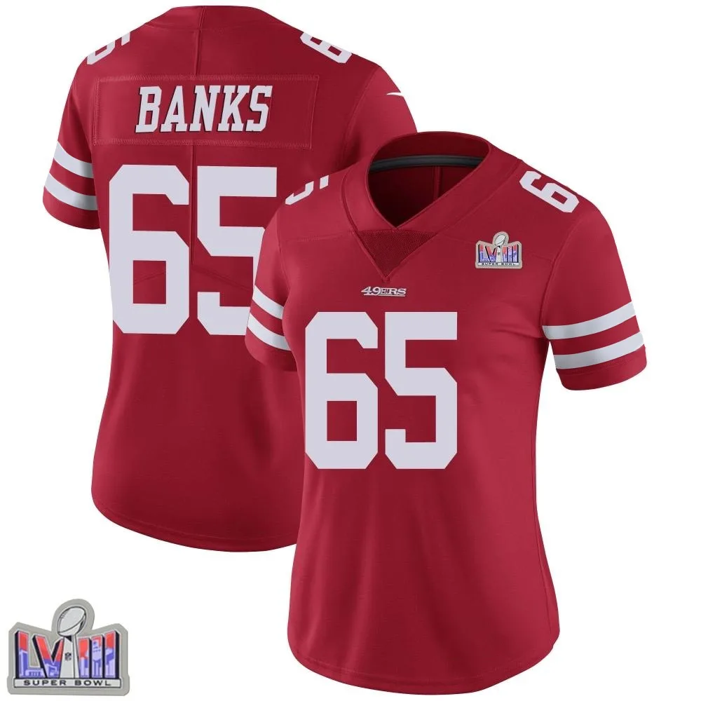 Women's San Francisco 49ers Aaron Banks Nike Team Color Vapor Untouchable Super Bowl LVIII Patch Limited Red Jersey Women's San Francisco 49ers Aaron Banks Nike Team Color Vapor Untouchable Super Bowl LVIII Patch Limited Red Jersey
