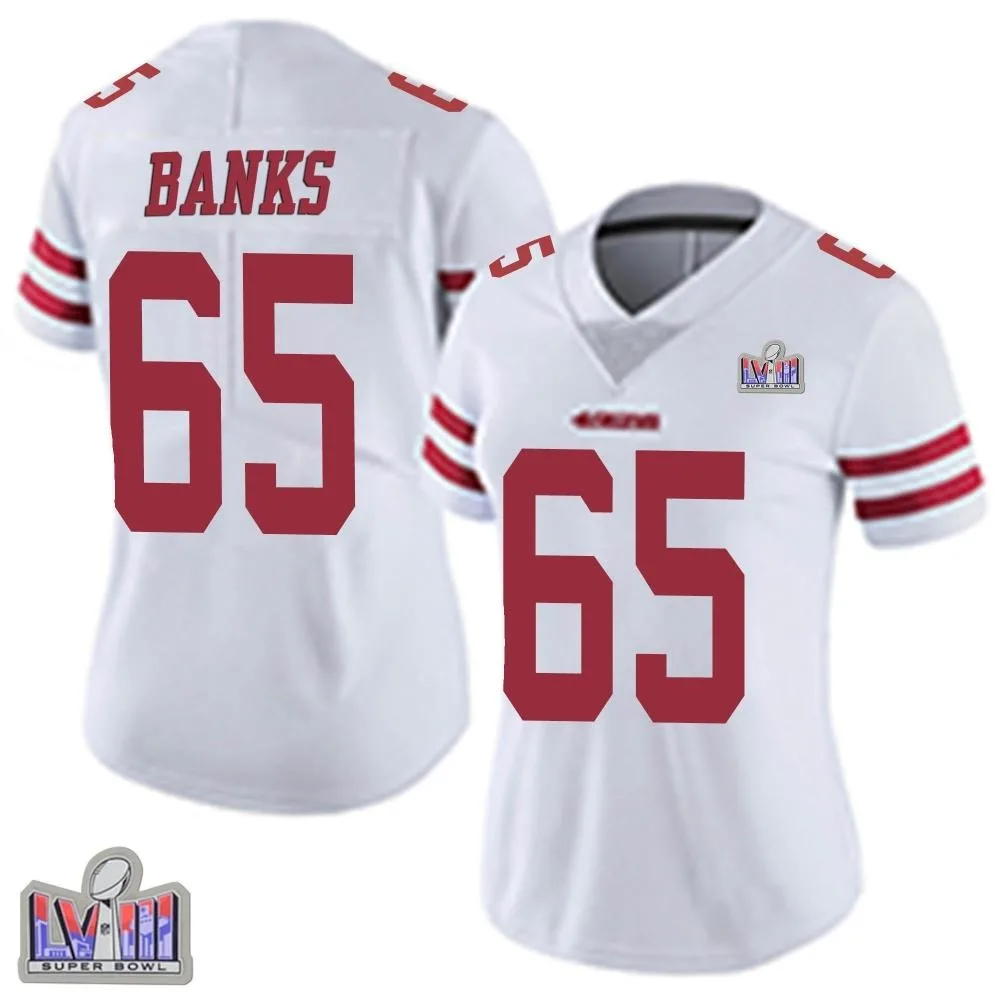 Women's San Francisco 49ers Aaron Banks Nike Vapor Untouchable Super Bowl LVIII Patch Limited White Jersey Women's San Francisco 49ers Aaron Banks Nike Vapor Untouchable Super Bowl LVIII Patch Limited White Jersey