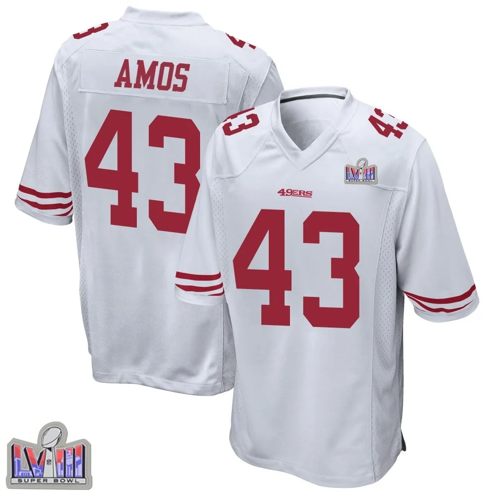 Men's San Francisco 49ers Adrian Amos Nike Super Bowl LVIII Patch Game White Jersey Men's San Francisco 49ers Adrian Amos Nike Super Bowl LVIII Patch Game White Jersey