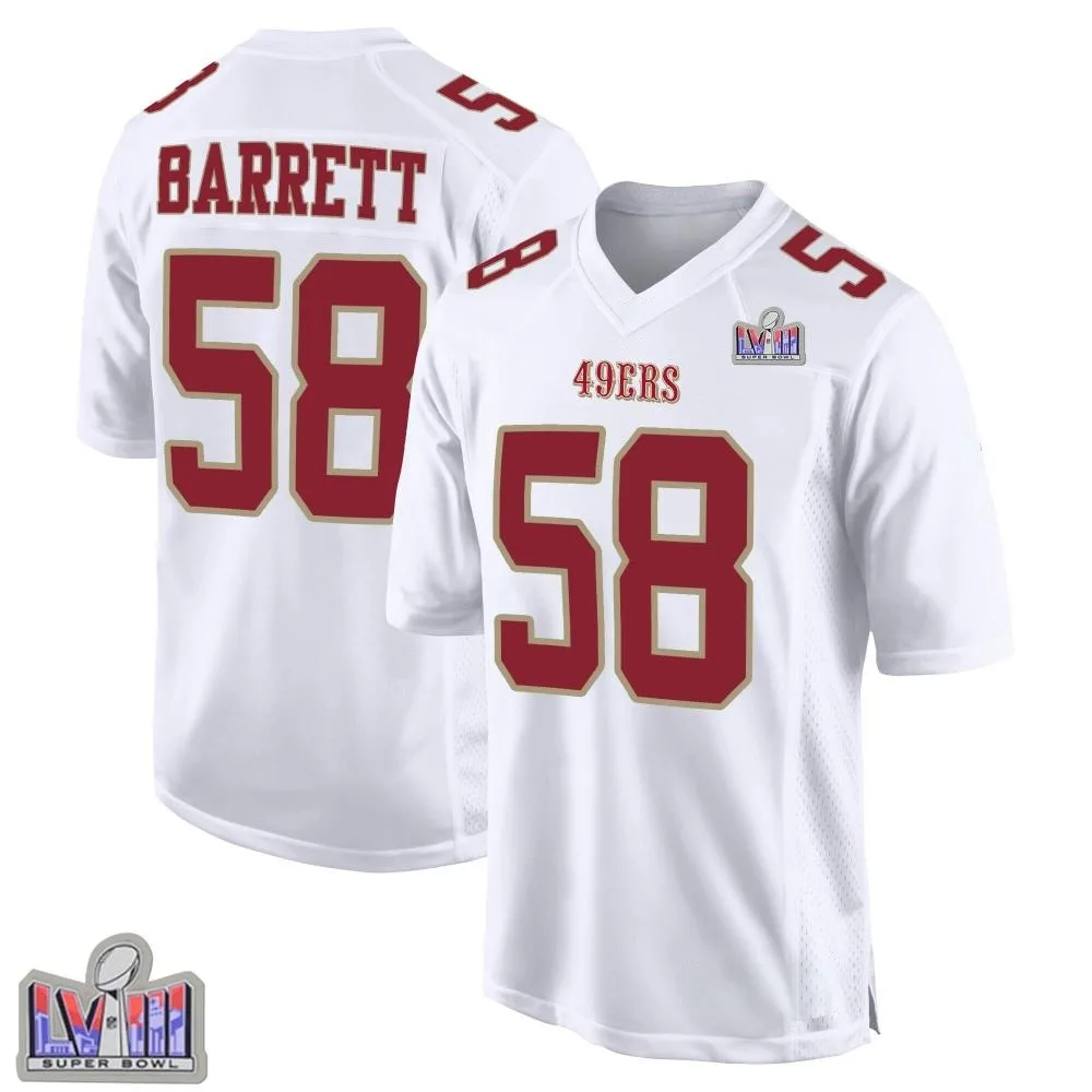 Men's San Francisco 49ers Alex Barrett Nike Fashion Super Bowl LVIII Patch Game White Jersey Men's San Francisco 49ers Alex Barrett Nike Fashion Super Bowl LVIII Patch Game White Jersey