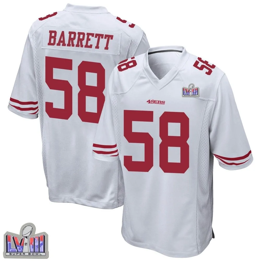 Men's San Francisco 49ers Alex Barrett Nike Super Bowl LVIII Patch Game White Jersey Men's San Francisco 49ers Alex Barrett Nike Super Bowl LVIII Patch Game White Jersey