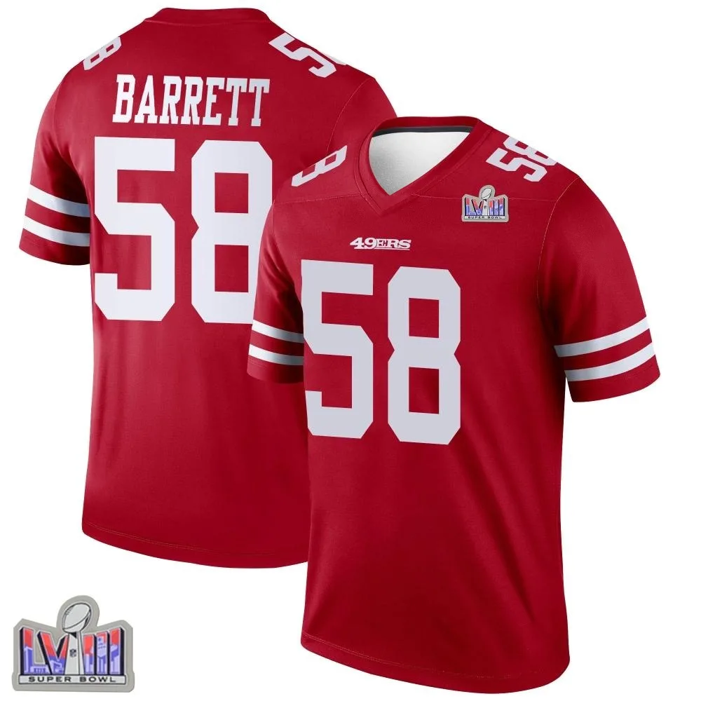 Men's San Francisco 49ers Alex Barrett Nike Super Bowl LVIII Patch Legend Scarlet Jersey Men's San Francisco 49ers Alex Barrett Nike Super Bowl LVIII Patch Legend Scarlet Jersey