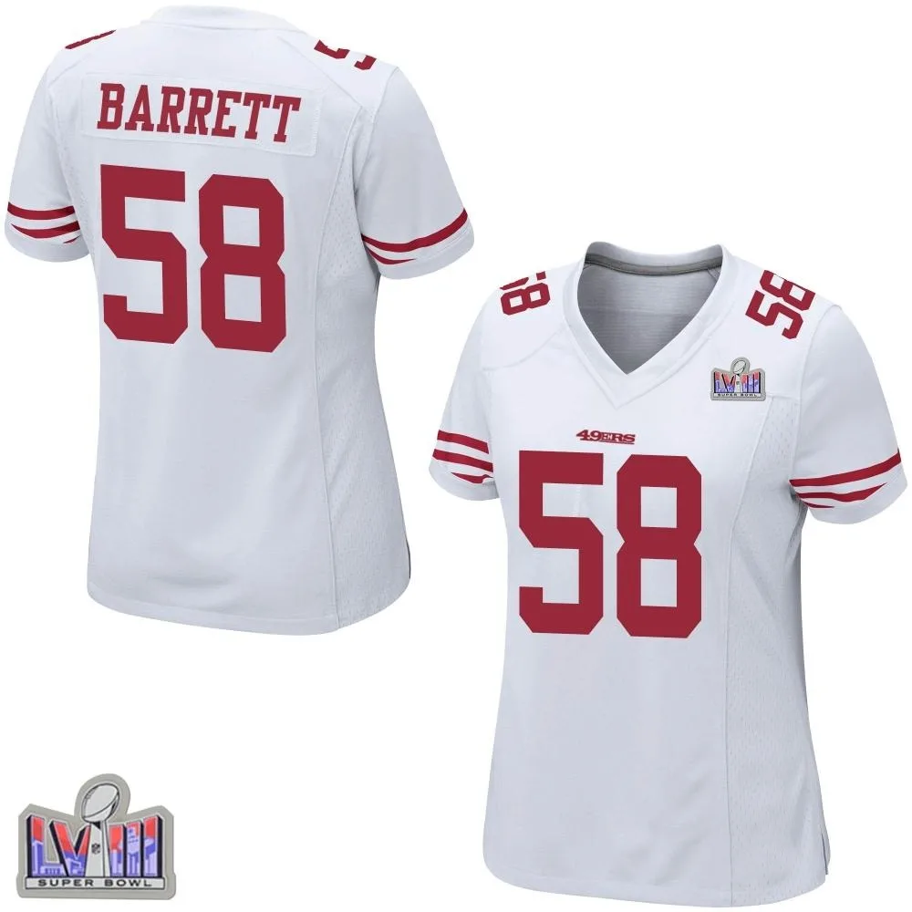 Women's San Francisco 49ers Alex Barrett Nike Super Bowl LVIII Patch Game White Jersey Women's San Francisco 49ers Alex Barrett Nike Super Bowl LVIII Patch Game White Jersey