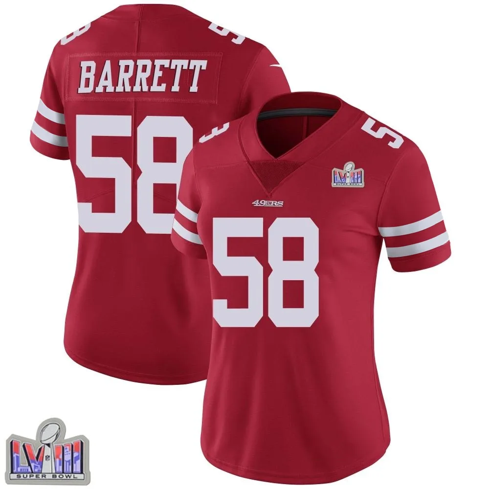 Women's San Francisco 49ers Alex Barrett Nike Team Color Vapor Untouchable Super Bowl LVIII Patch Limited Red Jersey Women's San Francisco 49ers Alex Barrett Nike Team Color Vapor Untouchable Super Bowl LVIII Patch Limited Red Jersey