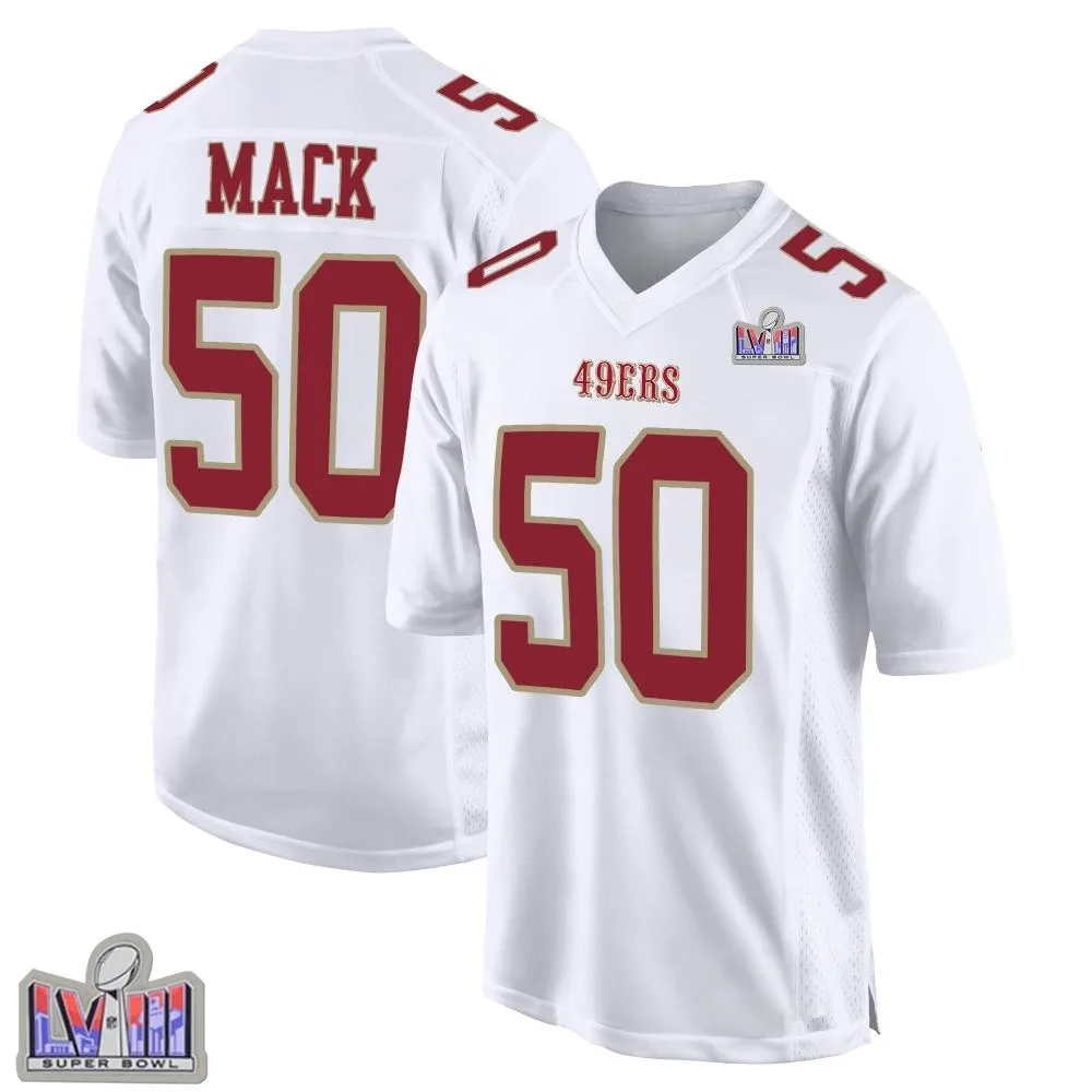 Men's San Francisco 49ers Alex Mack Nike Fashion Super Bowl LVIII Patch Game White Jersey Men's San Francisco 49ers Alex Mack Nike Fashion Super Bowl LVIII Patch Game White Jersey