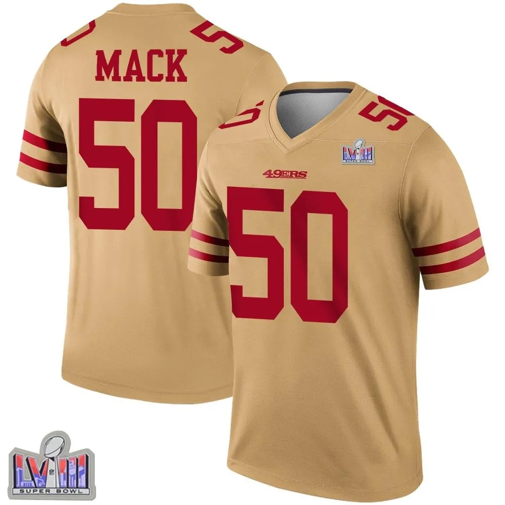 Men's San Francisco 49ers Alex Mack Nike Inverted Super Bowl LVIII Patch Legend Gold Jersey Men's San Francisco 49ers Alex Mack Nike Inverted Super Bowl LVIII Patch Legend Gold Jersey