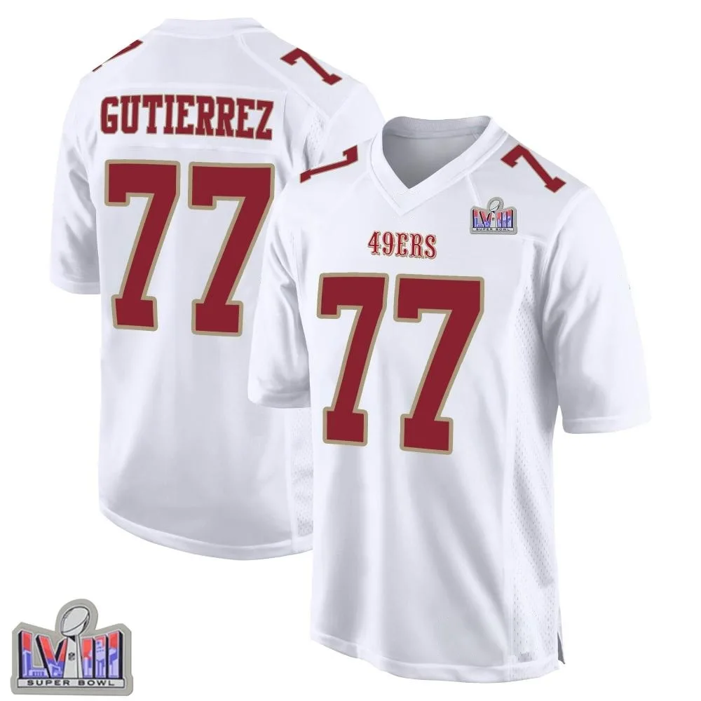 Men's San Francisco 49ers Alfredo Gutierrez Nike Fashion Super Bowl LVIII Patch Game White Jersey Men's San Francisco 49ers Alfredo Gutierrez Nike Fashion Super Bowl LVIII Patch Game White Jersey