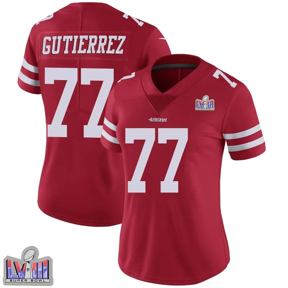 Women's San Francisco 49ers Alfredo Gutierrez Nike Team Color Vapor Untouchable Super Bowl LVIII Patch Limited Red Jersey Women's San Francisco 49ers Alfredo Gutierrez Nike Team Color Vapor Untouchable Super Bowl LVIII Patch Limited Red Jersey