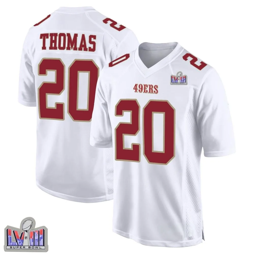 Men's San Francisco 49ers Ambry Thomas Nike Fashion Super Bowl LVIII Patch Game White Jersey Men's San Francisco 49ers Ambry Thomas Nike Fashion Super Bowl LVIII Patch Game White Jersey