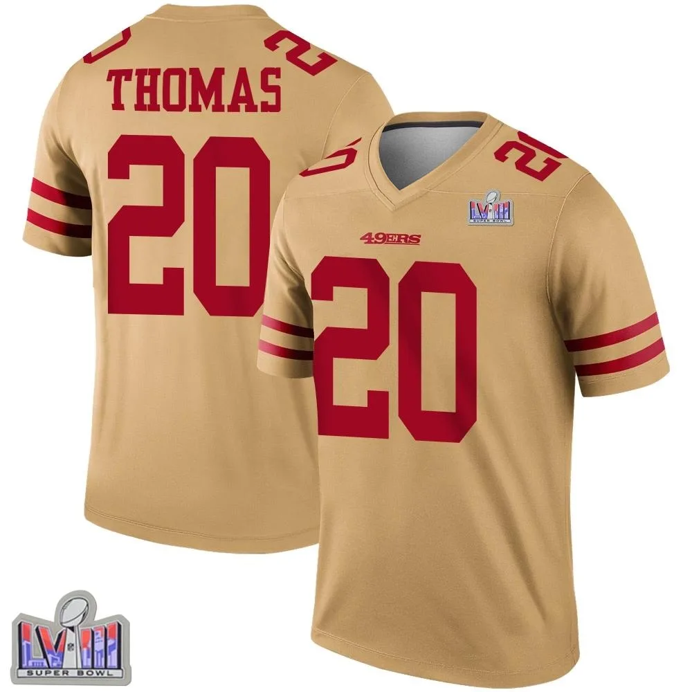 Men's San Francisco 49ers Ambry Thomas Nike Inverted Super Bowl LVIII Patch Legend Gold Jersey Men's San Francisco 49ers Ambry Thomas Nike Inverted Super Bowl LVIII Patch Legend Gold Jersey