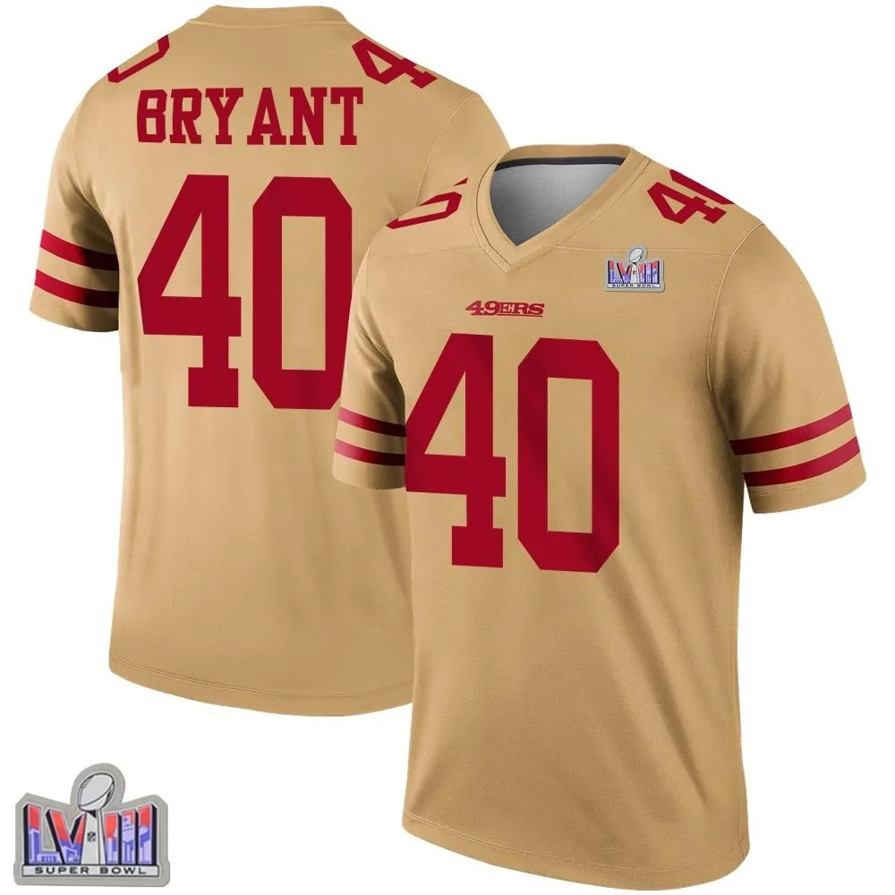 Men's San Francisco 49ers Austin Bryant Nike Inverted Super Bowl LVIII Patch Legend Gold Jersey Men's San Francisco 49ers Austin Bryant Nike Inverted Super Bowl LVIII Patch Legend Gold Jersey