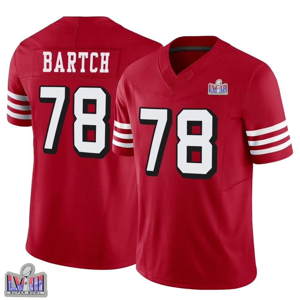 Men's San Francisco 49ers Ben Bartch Nike Alternate Vapor F.U.S.E. Super Bowl LVIII Patch Limited Scarlet Jersey Men's San Francisco 49ers Ben Bartch Nike Alternate Vapor F.U.S.E. Super Bowl LVIII Patch Limited Scarlet Jersey