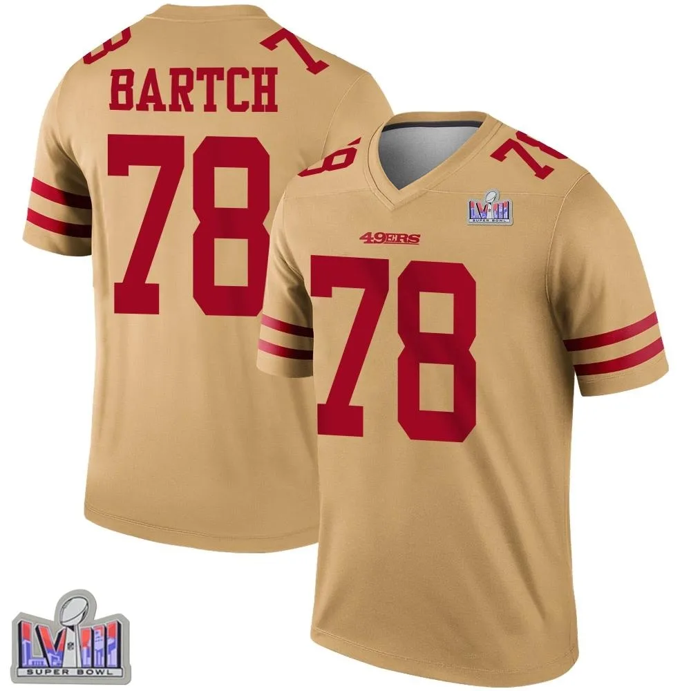Men's San Francisco 49ers Ben Bartch Nike Inverted Super Bowl LVIII Patch Legend Gold Jersey Men's San Francisco 49ers Ben Bartch Nike Inverted Super Bowl LVIII Patch Legend Gold Jersey
