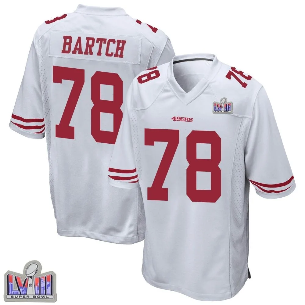Men's San Francisco 49ers Ben Bartch Nike Super Bowl LVIII Patch Game White Jersey Men's San Francisco 49ers Ben Bartch Nike Super Bowl LVIII Patch Game White Jersey