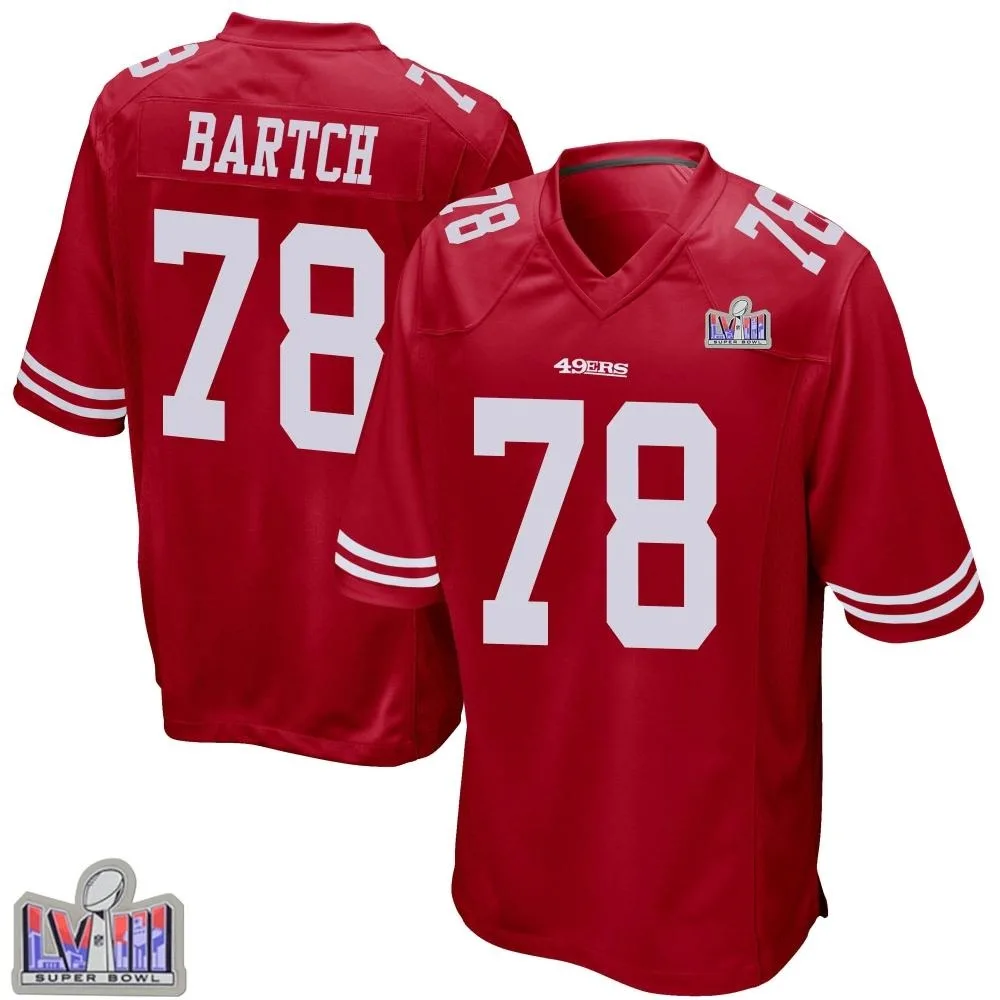 Men's San Francisco 49ers Ben Bartch Nike Team Color Super Bowl LVIII Patch Game Red Jersey Men's San Francisco 49ers Ben Bartch Nike Team Color Super Bowl LVIII Patch Game Red Jersey