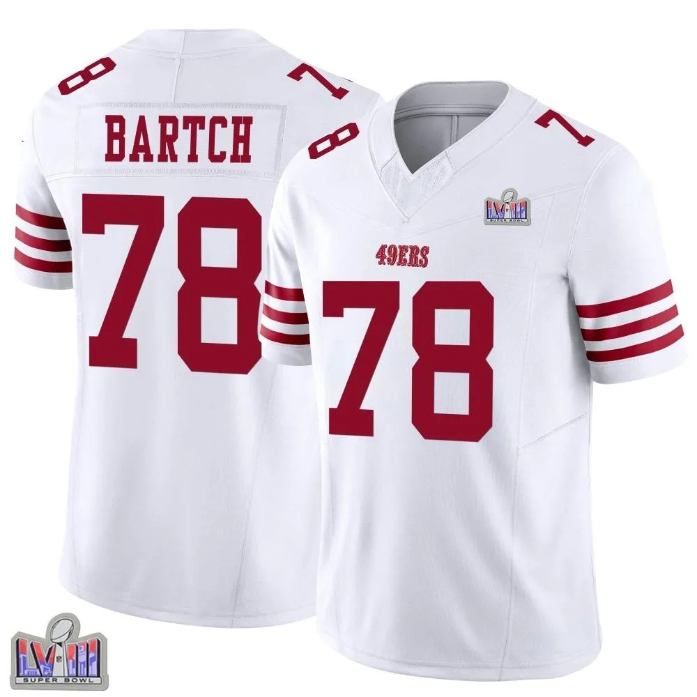 Men's San Francisco 49ers Ben Bartch Nike Vapor F.U.S.E. Super Bowl LVIII Patch Limited White Jersey Men's San Francisco 49ers Ben Bartch Nike Vapor F.U.S.E. Super Bowl LVIII Patch Limited White Jersey