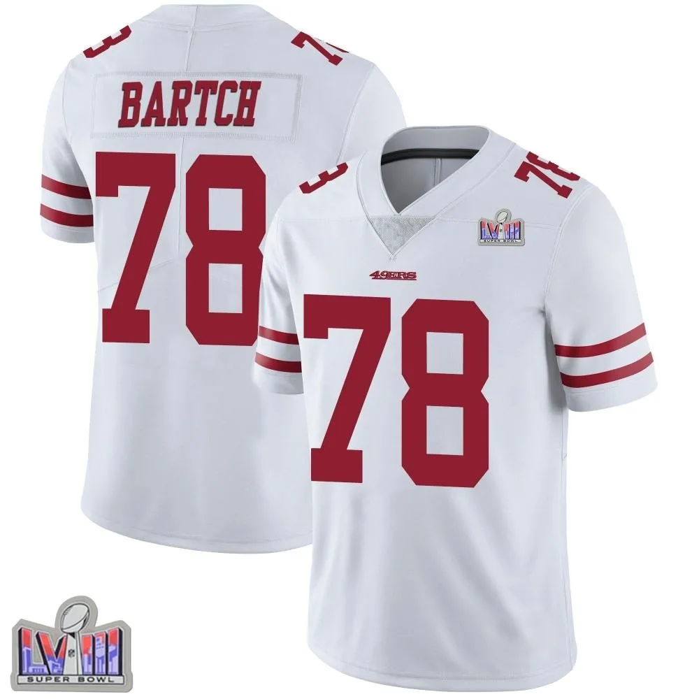Men's San Francisco 49ers Ben Bartch Nike Vapor Untouchable Super Bowl LVIII Patch Limited White Jersey Men's San Francisco 49ers Ben Bartch Nike Vapor Untouchable Super Bowl LVIII Patch Limited White Jersey