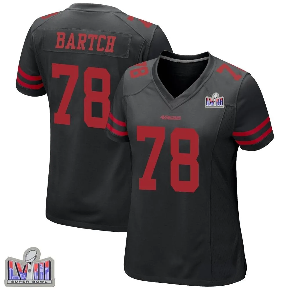 Women's San Francisco 49ers Ben Bartch Nike Alternate Super Bowl LVIII Patch Game Black Jersey Women's San Francisco 49ers Ben Bartch Nike Alternate Super Bowl LVIII Patch Game Black Jersey