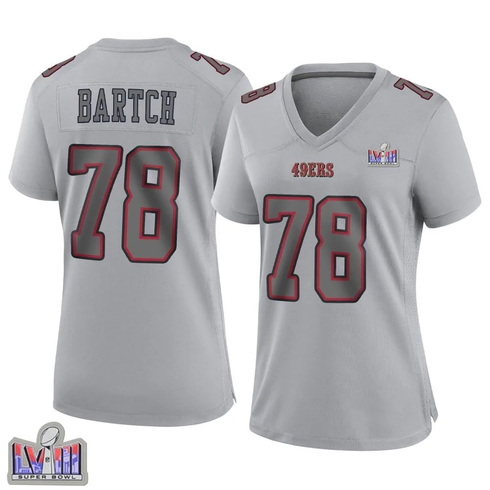 Women's San Francisco 49ers Ben Bartch Nike Atmosphere Fashion Super Bowl LVIII Patch Game Gray Jersey Women's San Francisco 49ers Ben Bartch Nike Atmosphere Fashion Super Bowl LVIII Patch Game Gray Jersey