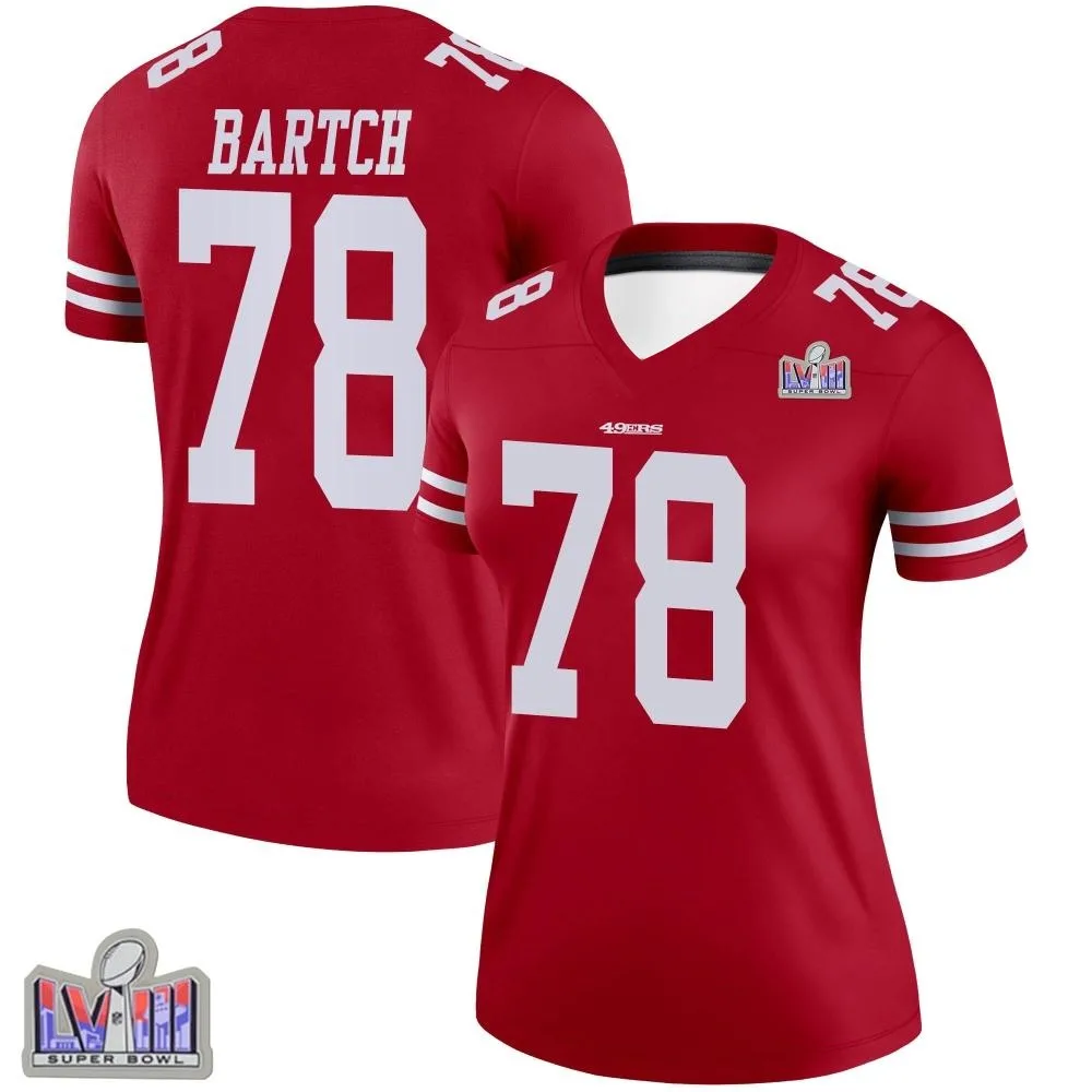 Women's San Francisco 49ers Ben Bartch Nike Super Bowl LVIII Patch Legend Scarlet Jersey Women's San Francisco 49ers Ben Bartch Nike Super Bowl LVIII Patch Legend Scarlet Jersey