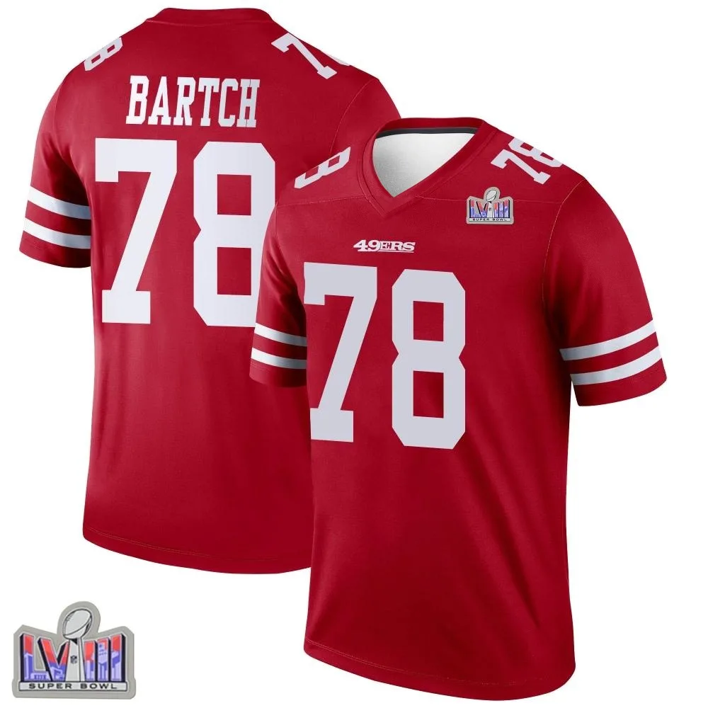 Youth San Francisco 49ers Ben Bartch Nike Super Bowl LVIII Patch Legend Scarlet Jersey Youth San Francisco 49ers Ben Bartch Nike Super Bowl LVIII Patch Legend Scarlet Jersey