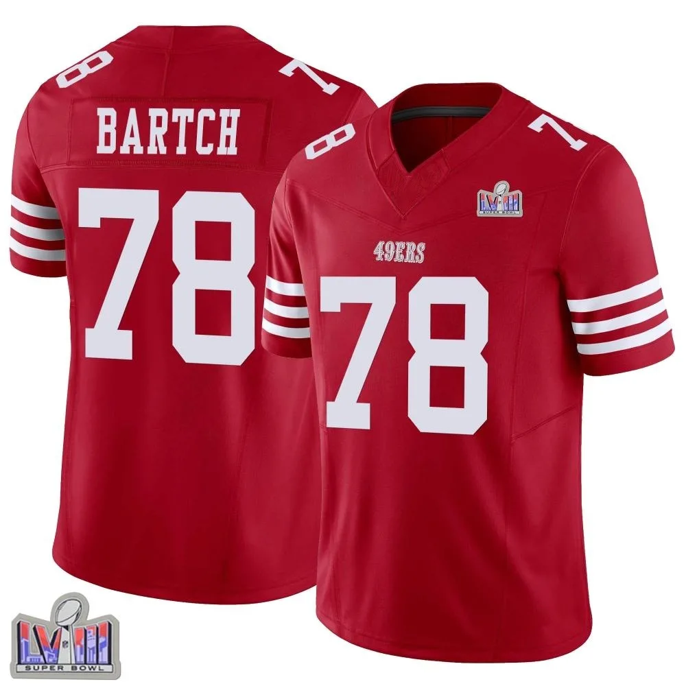Youth San Francisco 49ers Ben Bartch Nike Vapor F.U.S.E. Super Bowl LVIII Patch Limited Scarlet Jersey Youth San Francisco 49ers Ben Bartch Nike Vapor F.U.S.E. Super Bowl LVIII Patch Limited Scarlet Jersey