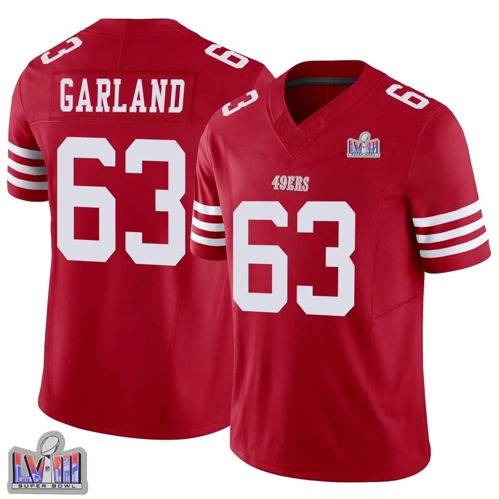 Men's San Francisco 49ers Ben Garland Nike Vapor F.U.S.E. Super Bowl LVIII Patch Limited Scarlet Jersey Men's San Francisco 49ers Ben Garland Nike Vapor F.U.S.E. Super Bowl LVIII Patch Limited Scarlet Jersey