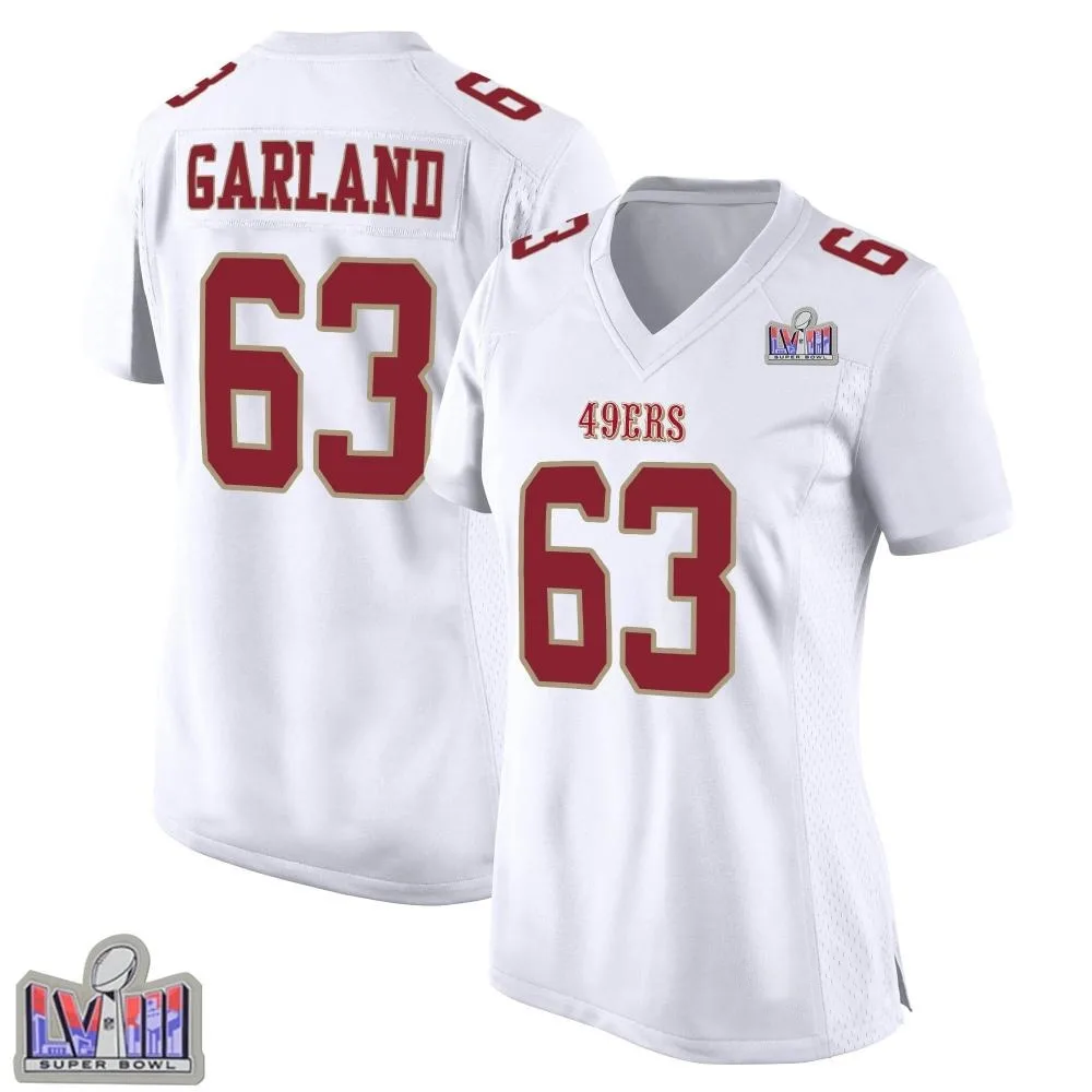 Women's San Francisco 49ers Ben Garland Nike Fashion Super Bowl LVIII Patch Game White Jersey Women's San Francisco 49ers Ben Garland Nike Fashion Super Bowl LVIII Patch Game White Jersey