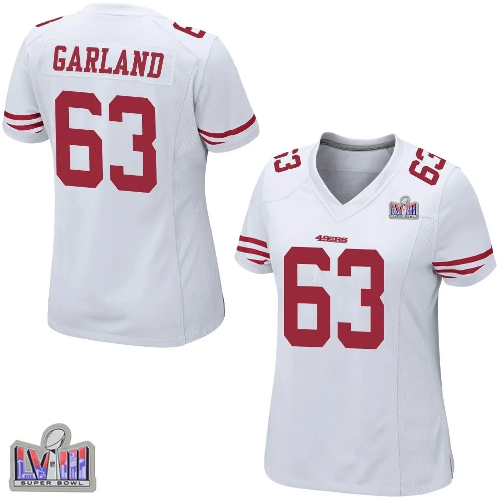 Women's San Francisco 49ers Ben Garland Nike Super Bowl LVIII Patch Game White Jersey Women's San Francisco 49ers Ben Garland Nike Super Bowl LVIII Patch Game White Jersey