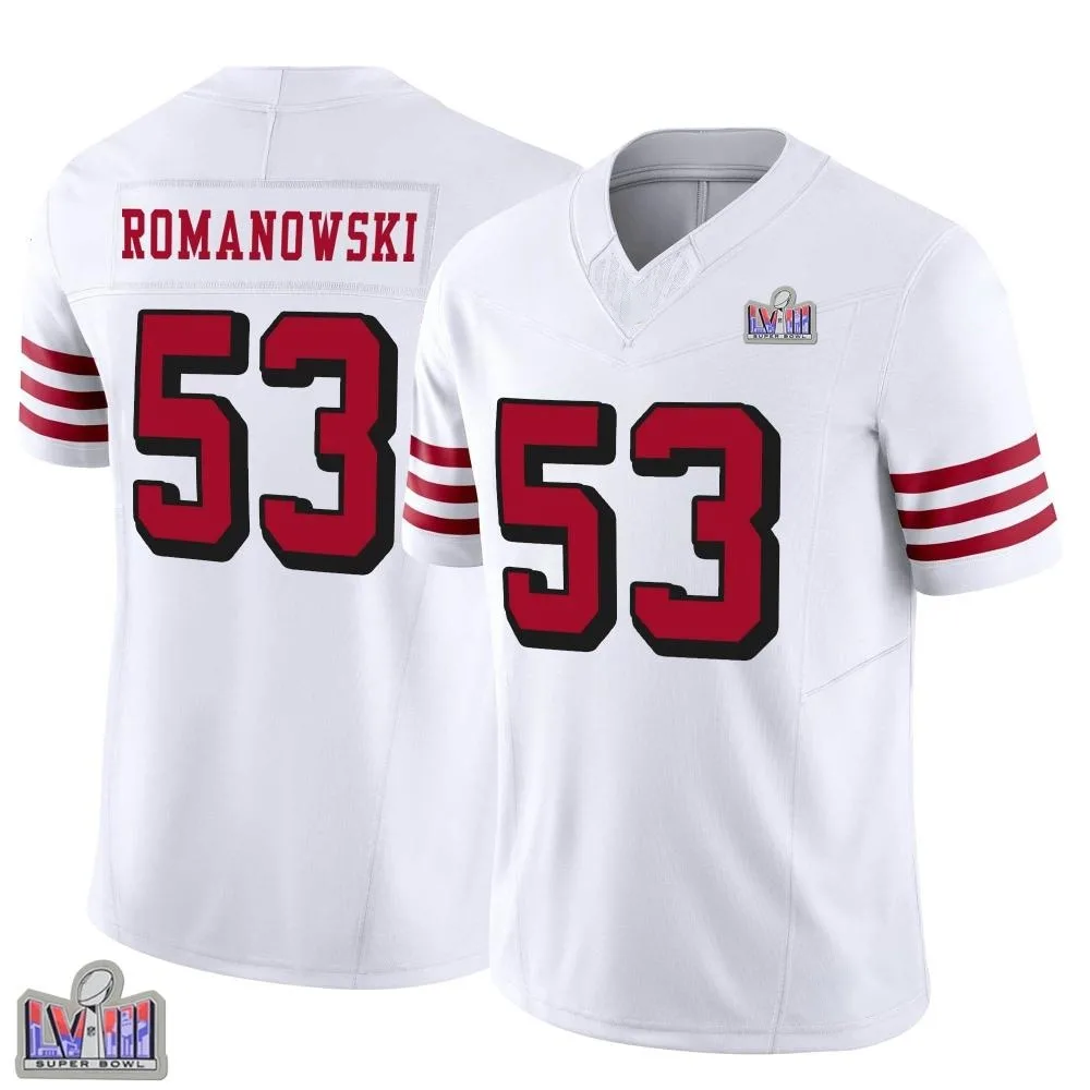 Men's San Francisco 49ers Bill Romanowski Nike Alternate Vapor F.U.S.E. Super Bowl LVIII Patch Limited White Jersey Men's San Francisco 49ers Bill Romanowski Nike Alternate Vapor F.U.S.E. Super Bowl LVIII Patch Limited White Jersey