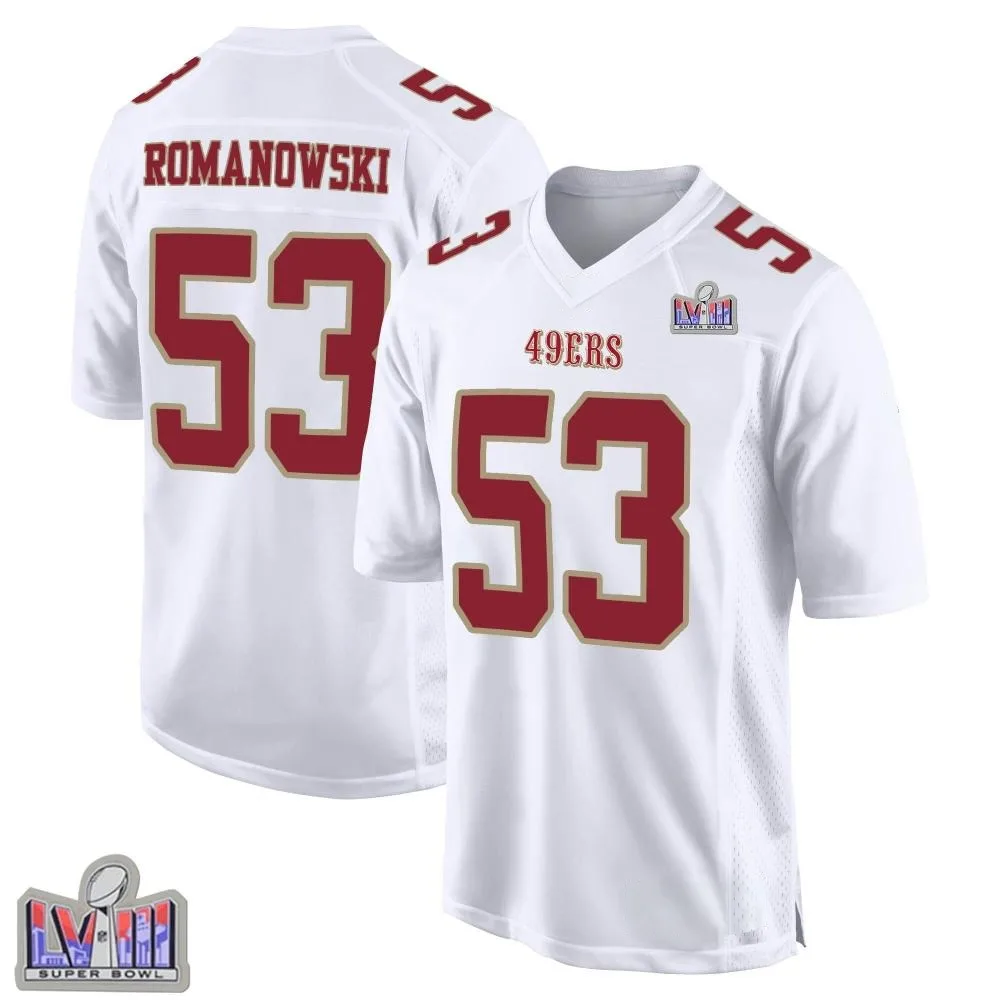 Men's San Francisco 49ers Bill Romanowski Nike Fashion Super Bowl LVIII Patch Game White Jersey Men's San Francisco 49ers Bill Romanowski Nike Fashion Super Bowl LVIII Patch Game White Jersey