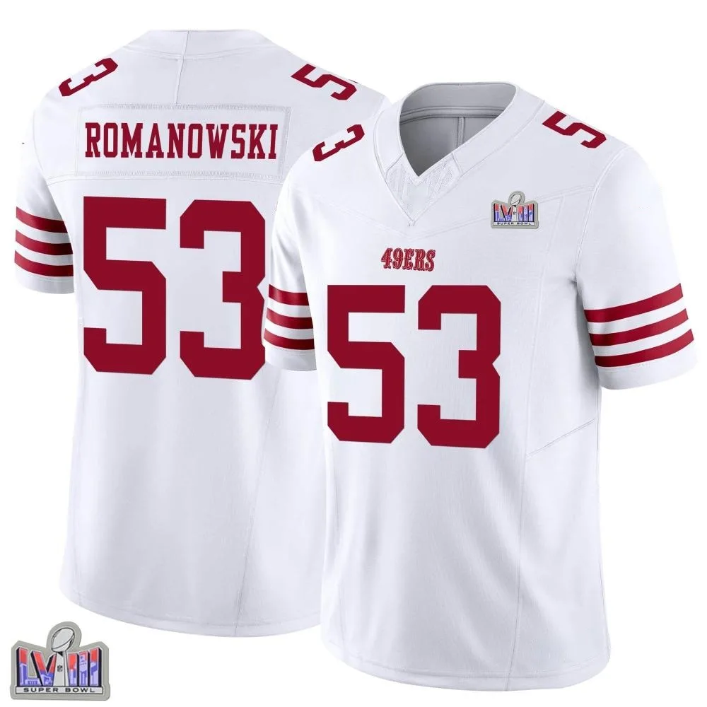 Men's San Francisco 49ers Bill Romanowski Nike Vapor F.U.S.E. Super Bowl LVIII Patch Limited White Jersey Men's San Francisco 49ers Bill Romanowski Nike Vapor F.U.S.E. Super Bowl LVIII Patch Limited White Jersey