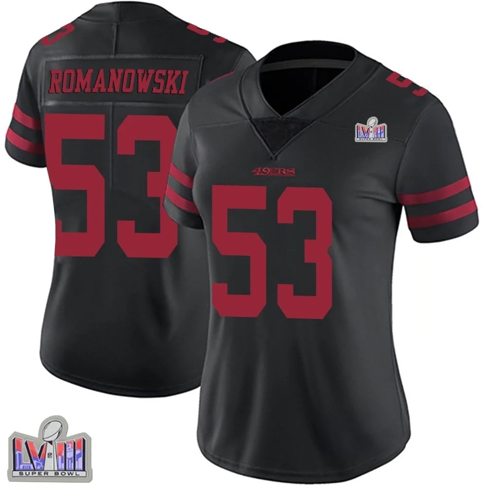 Women's San Francisco 49ers Bill Romanowski Nike Alternate Vapor Untouchable Super Bowl LVIII Patch Limited Black Jersey Women's San Francisco 49ers Bill Romanowski Nike Alternate Vapor Untouchable Super Bowl LVIII Patch Limited Black Jersey