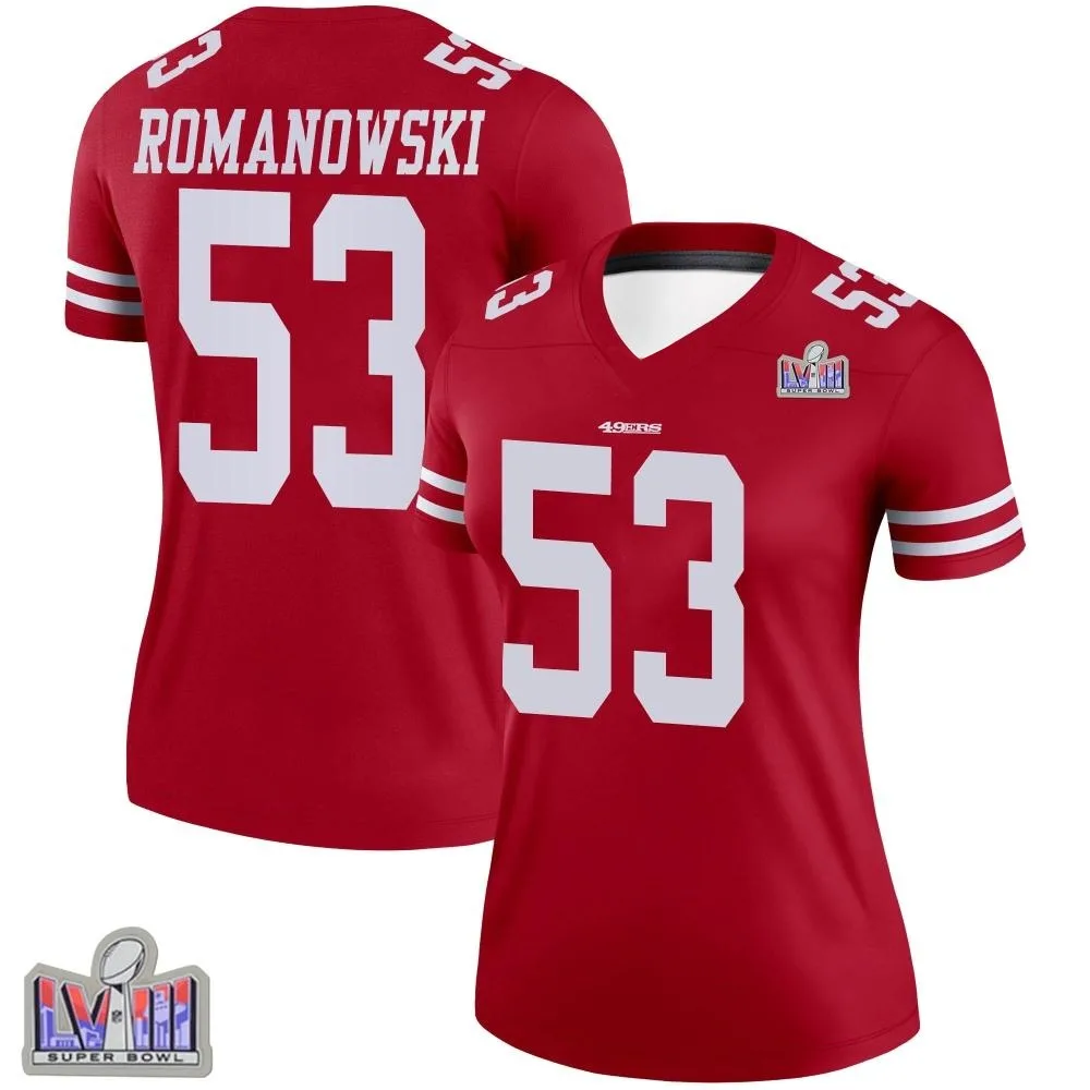 Women's San Francisco 49ers Bill Romanowski Nike Super Bowl LVIII Patch Legend Scarlet Jersey Women's San Francisco 49ers Bill Romanowski Nike Super Bowl LVIII Patch Legend Scarlet Jersey