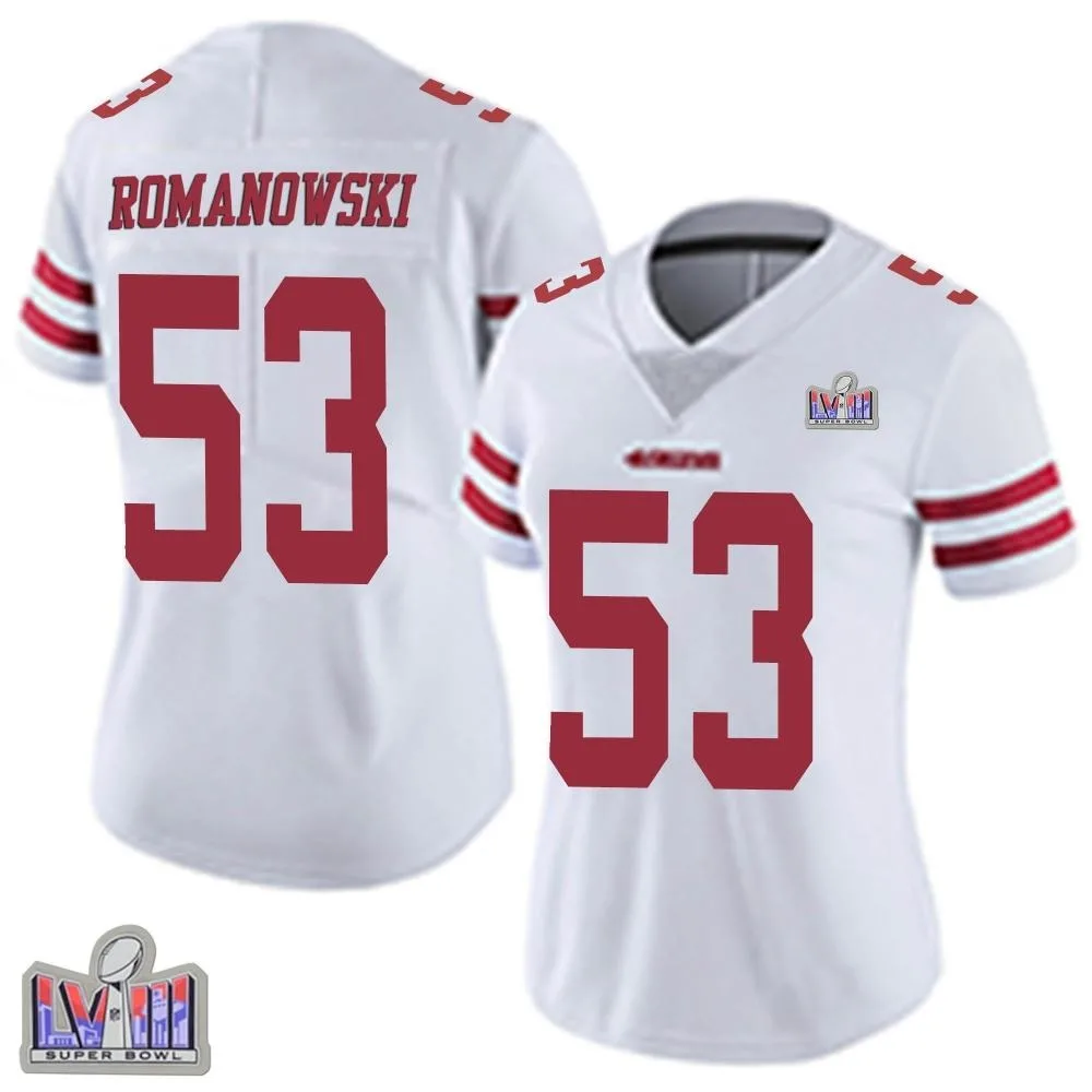 Women's San Francisco 49ers Bill Romanowski Nike Vapor Untouchable Super Bowl LVIII Patch Limited White Jersey Women's San Francisco 49ers Bill Romanowski Nike Vapor Untouchable Super Bowl LVIII Patch Limited White Jersey