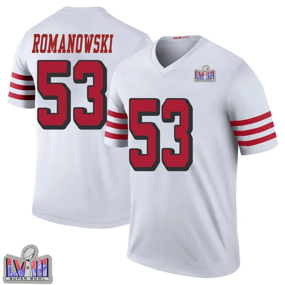Youth San Francisco 49ers Bill Romanowski Nike Color Rush Super Bowl LVIII Patch Legend White Jersey Youth San Francisco 49ers Bill Romanowski Nike Color Rush Super Bowl LVIII Patch Legend White Jersey