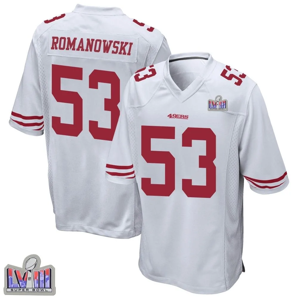 Youth San Francisco 49ers Bill Romanowski Nike Super Bowl LVIII Patch Game White Jersey Youth San Francisco 49ers Bill Romanowski Nike Super Bowl LVIII Patch Game White Jersey