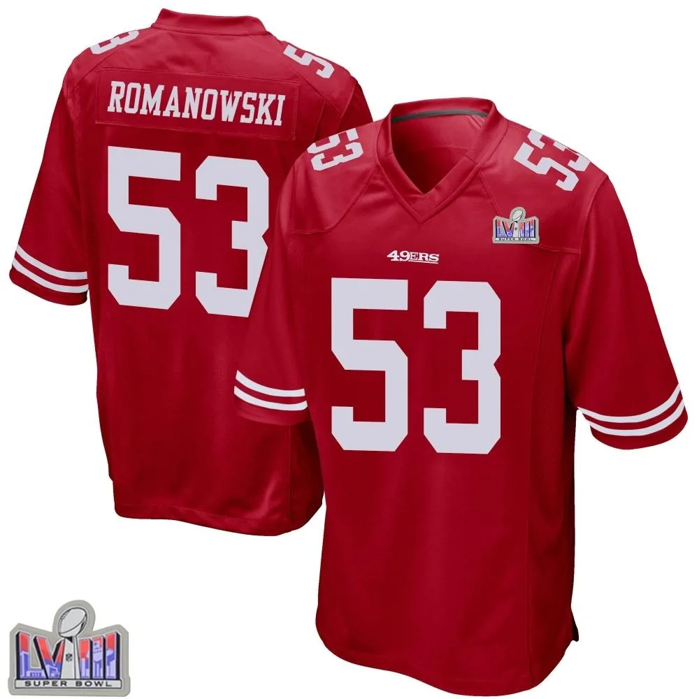 Youth San Francisco 49ers Bill Romanowski Nike Team Color Super Bowl LVIII Patch Game Red Jersey Youth San Francisco 49ers Bill Romanowski Nike Team Color Super Bowl LVIII Patch Game Red Jersey