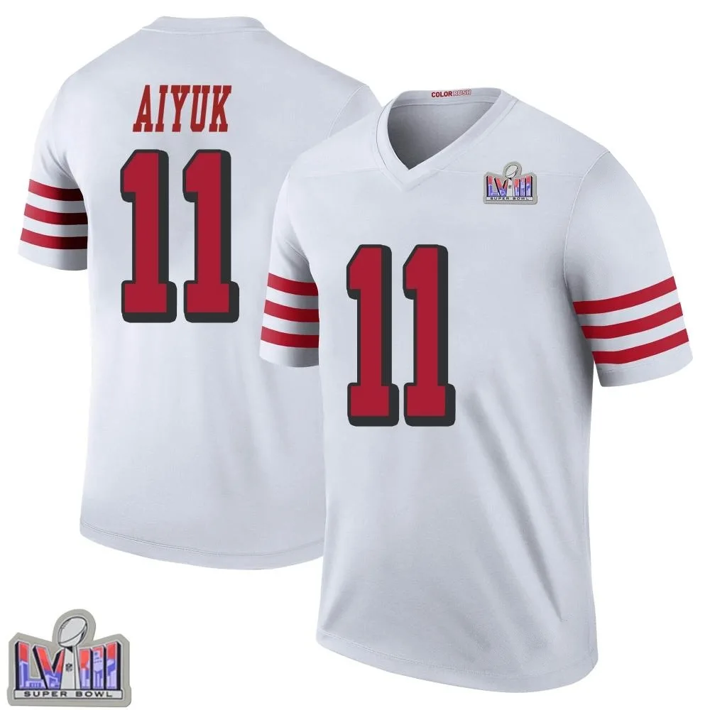 Men's San Francisco 49ers Brandon Aiyuk Nike Color Rush Super Bowl LVIII Patch Legend White Jersey Men's San Francisco 49ers Brandon Aiyuk Nike Color Rush Super Bowl LVIII Patch Legend White Jersey