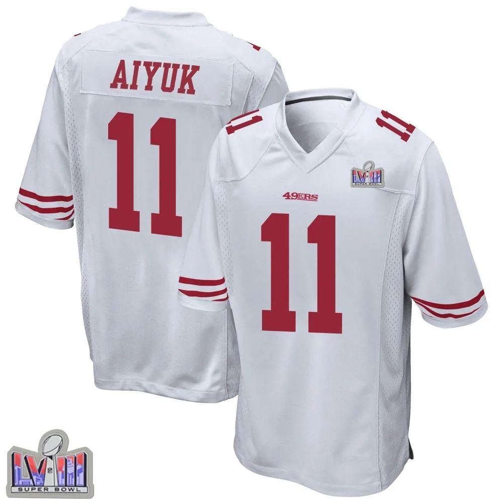 Men's San Francisco 49ers Brandon Aiyuk Nike Super Bowl LVIII Patch Game White Jersey Men's San Francisco 49ers Brandon Aiyuk Nike Super Bowl LVIII Patch Game White Jersey