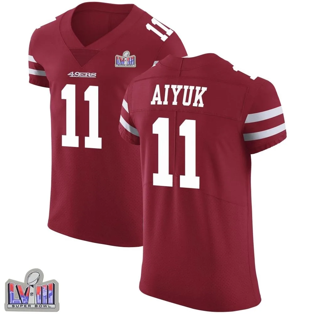 Men's San Francisco 49ers Brandon Aiyuk Nike Team Color Vapor Untouchable Super Bowl LVIII Patch Elite Red Jersey Men's San Francisco 49ers Brandon Aiyuk Nike Team Color Vapor Untouchable Super Bowl LVIII Patch Elite Red Jersey