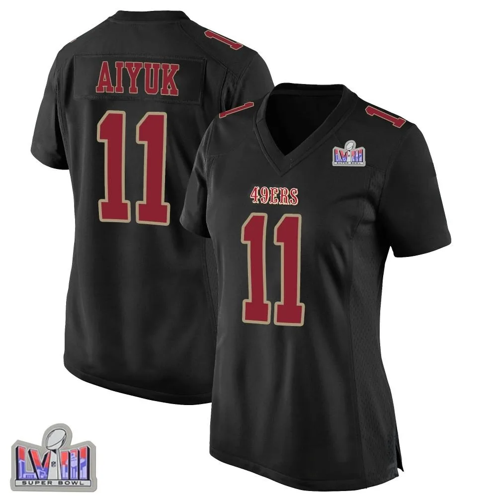 Women's San Francisco 49ers Brandon Aiyuk Nike Fashion Super Bowl LVIII Patch Game Black Jersey Women's San Francisco 49ers Brandon Aiyuk Nike Fashion Super Bowl LVIII Patch Game Black Jersey