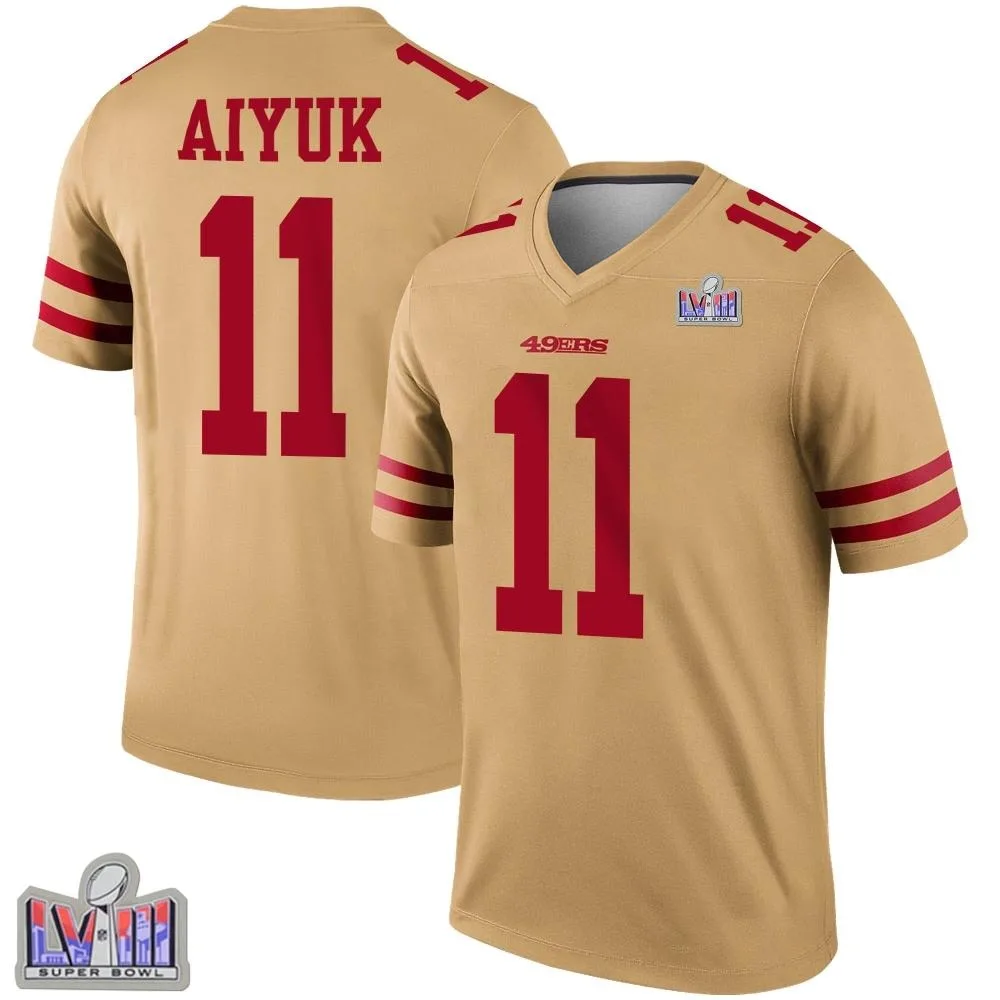 Youth San Francisco 49ers Brandon Aiyuk Nike Inverted Super Bowl LVIII Patch Legend Gold Jersey Youth San Francisco 49ers Brandon Aiyuk Nike Inverted Super Bowl LVIII Patch Legend Gold Jersey