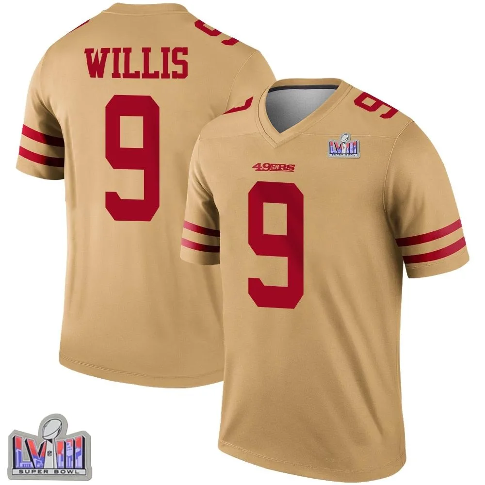 Men's San Francisco 49ers Brayden Willis Nike Inverted Super Bowl LVIII Patch Legend Gold Jersey Men's San Francisco 49ers Brayden Willis Nike Inverted Super Bowl LVIII Patch Legend Gold Jersey