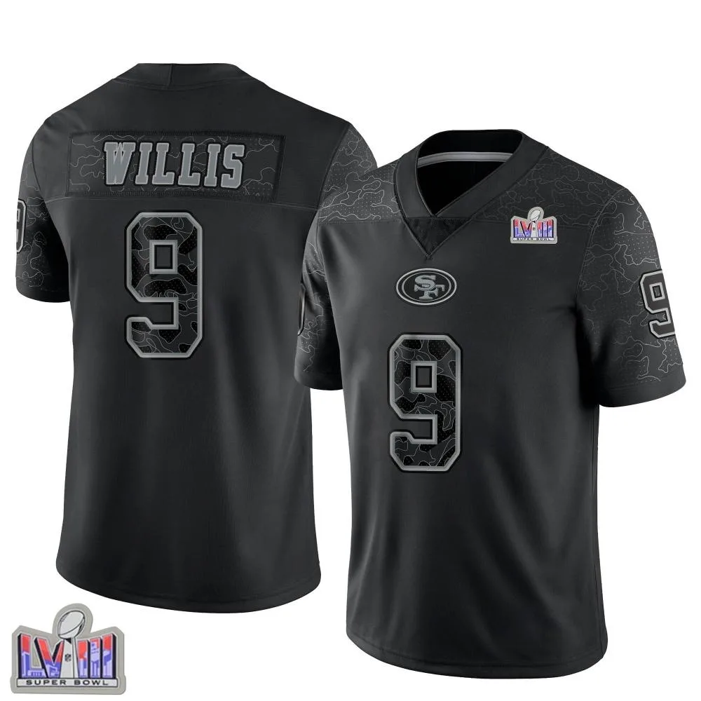 Men's San Francisco 49ers Brayden Willis Nike Reflective Super Bowl LVIII Patch Limited Black Jersey Men's San Francisco 49ers Brayden Willis Nike Reflective Super Bowl LVIII Patch Limited Black Jersey