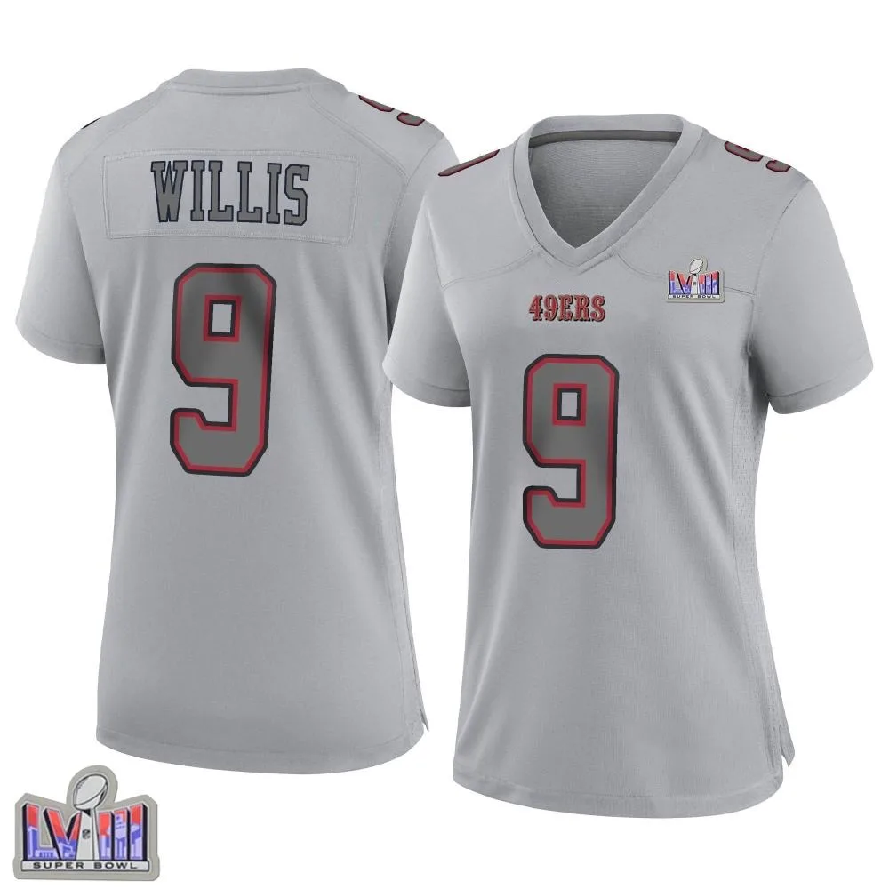Women's San Francisco 49ers Brayden Willis Nike Atmosphere Fashion Super Bowl LVIII Patch Game Gray Jersey Women's San Francisco 49ers Brayden Willis Nike Atmosphere Fashion Super Bowl LVIII Patch Game Gray Jersey